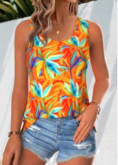 Orange Floral Print Sleeveless Round Neck Tank Top | thumb picture 