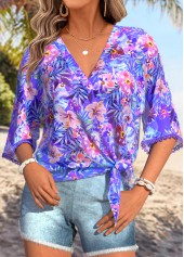 Purple Patchwork Floral Print Half Sleeve V Neck Blouse | thumb picture 