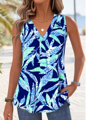 Dark Blue Tummy Coverage Leaf Print Sleeveless Tank Top