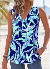 Dark Blue Tummy Coverage Leaf Print Sleeveless Tank Top | thumb picture 