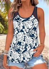 Navy Tummy Coverage Leaf Print Sleeveless Tank Top