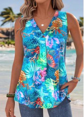 Plus Size Blue Marine Life Print Sleeveless Tank Top