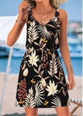 Black Tummy Coverage Leaf Print Short Sleeveless Dress