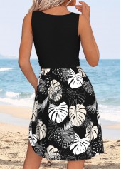 Black Tummy Coverage Tropical Plants Print Short Sleeveless Dress | thumb picture 