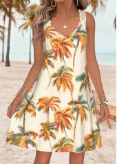 Light Yellow Tummy Coverage Tropical Plants Print Short Dress | thumb picture 