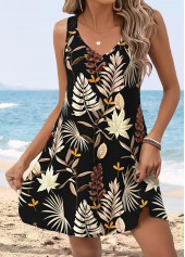 Black Tummy Coverage Leaf Print Short Sleeveless Dress | thumb picture 