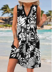 Black Tummy Coverage Leaf Print Short Sleeveless Dress | thumb picture 
