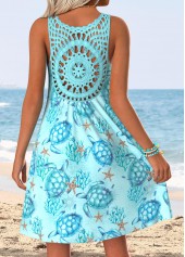 Cyan Tummy Coverage Marine Life Print Short Strappy Dress