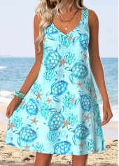 Cyan Tummy Coverage Marine Life Print Short Strappy Dress | thumb picture 