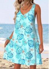 Cyan Tummy Coverage Marine Life Print Short Strappy Dress | thumb picture 