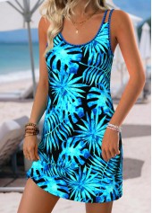 Blue Leaf Print Short Tummy Coverage Strappy Dress
