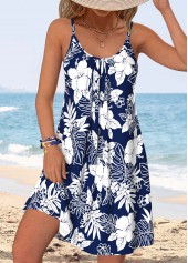 Navy Tummy Coverage Floral Print Short Strappy Dress