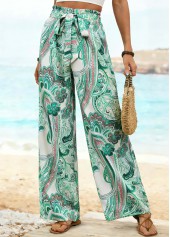 Green Floral Print Belted Wide Leg Elastic Waist Pants