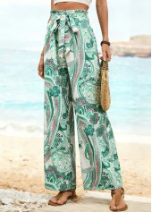 Green Floral Print Belted Wide Leg Elastic Waist Pants | thumb picture 