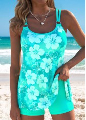 Tummy Coverage Mid Waisted Floral Print Cyan Tankini Set