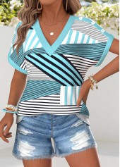 Cyan Tummy Coverage Geometric Print Short Sleeve T Shirt