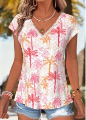 Light Pink Tropical Plants Print Bowknot T Shirt | thumb picture 