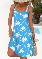 Sky Blue Tummy Coverage Tropical Plants Print Strappy Dress | thumb picture 