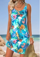 Cyan Tummy Coverage Marine Life Print Short Strappy Dress