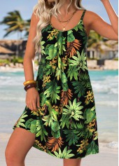 Green Tummy Coverage Leaf Print Short Strappy Dress