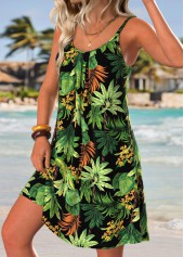 Green Tummy Coverage Leaf Print Short Strappy Dress | thumb picture 