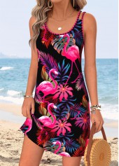 Black Tummy Coverage Flamingo Print Short Strappy Dress