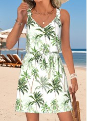White Tummy Coverage Tropical Plants Print Short Sleeveless Dress