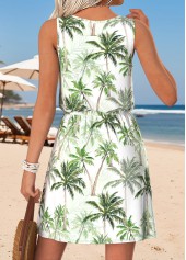 White Tummy Coverage Tropical Plants Print Short Sleeveless Dress | thumb picture 