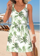 White Tummy Coverage Tropical Plants Print Short Sleeveless Dress | thumb picture 
