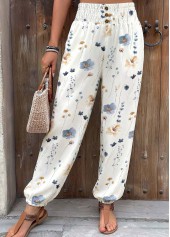 White Flowy Floral Print Jogger Elastic Waist Pants