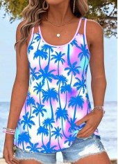 Multi Color Tummy Coverage Tropical Plants Print Tank Top