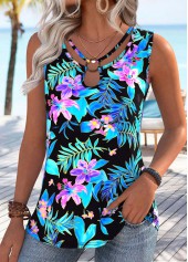 Sky Blue Tummy Coverage Floral Print Sleeveless Tank Top