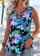 Sky Blue Tummy Coverage Floral Print Sleeveless Tank Top | thumb picture 