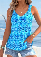 Sky Blue Tummy Coverage Geometric Print Sleeveless Tank Top
