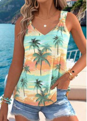 Multi Color Tropical Plants Print Tummy Coverage Tank Top