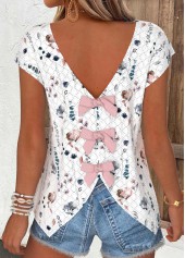 White Tummy Coverage Floral Print Short Sleeve T Shirt