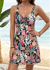 Multi Color Wrap Marine Life Print Short Strappy Dress