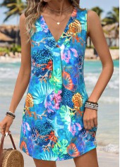 Cyan Tummy Coverage Marine Life Print Short Sleeveless Dress