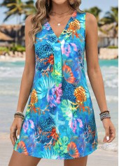 Cyan Tummy Coverage Marine Life Print Short Sleeveless Dress | thumb picture 
