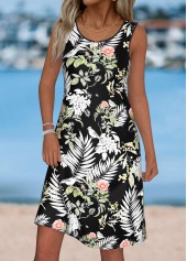 Black Tummy Coverage Leaf Print Sleeveless Round Neck Dress