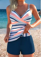 Mid Waisted Striped Dark Blue Tankini Set