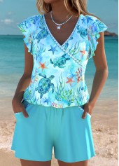 Tummy Coverage Marine Life Print Cyan One Piece Swimwear