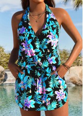 Tummy Coverage Tropical Plants Print Black One Piece Swimdress