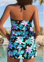 Tummy Coverage Tropical Plants Print Black One Piece Swimdress | thumb picture 