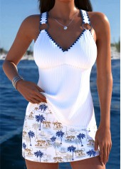 Lace Up White Tropical Plants Print Tankini Set