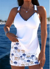 Lace Up White Tropical Plants Print Tankini Set | thumb picture 