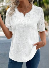 White Tummy Coverage Short Sleeve Split Neck Blouse