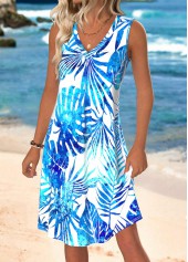 Blue Tummy Coverage Leaf Print Sleeveless V Neck Dress | thumb picture 