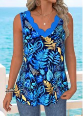 Blue Tummy Coverage Leaf Print Sleeveless Tank Top