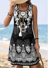 Black Tummy Coverage Tribal Print Sleeveless Round Neck Dress
